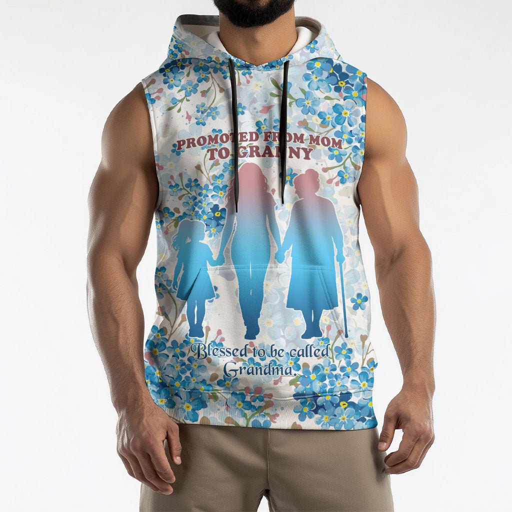 Promoted To Grandparents Sleeveless Hoodie Family Generations Blue Floral Silhouette Art