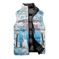 Promoted To Grandparents Sleeveless Puffer Jacket Family Generations Blue Floral Silhouette Art