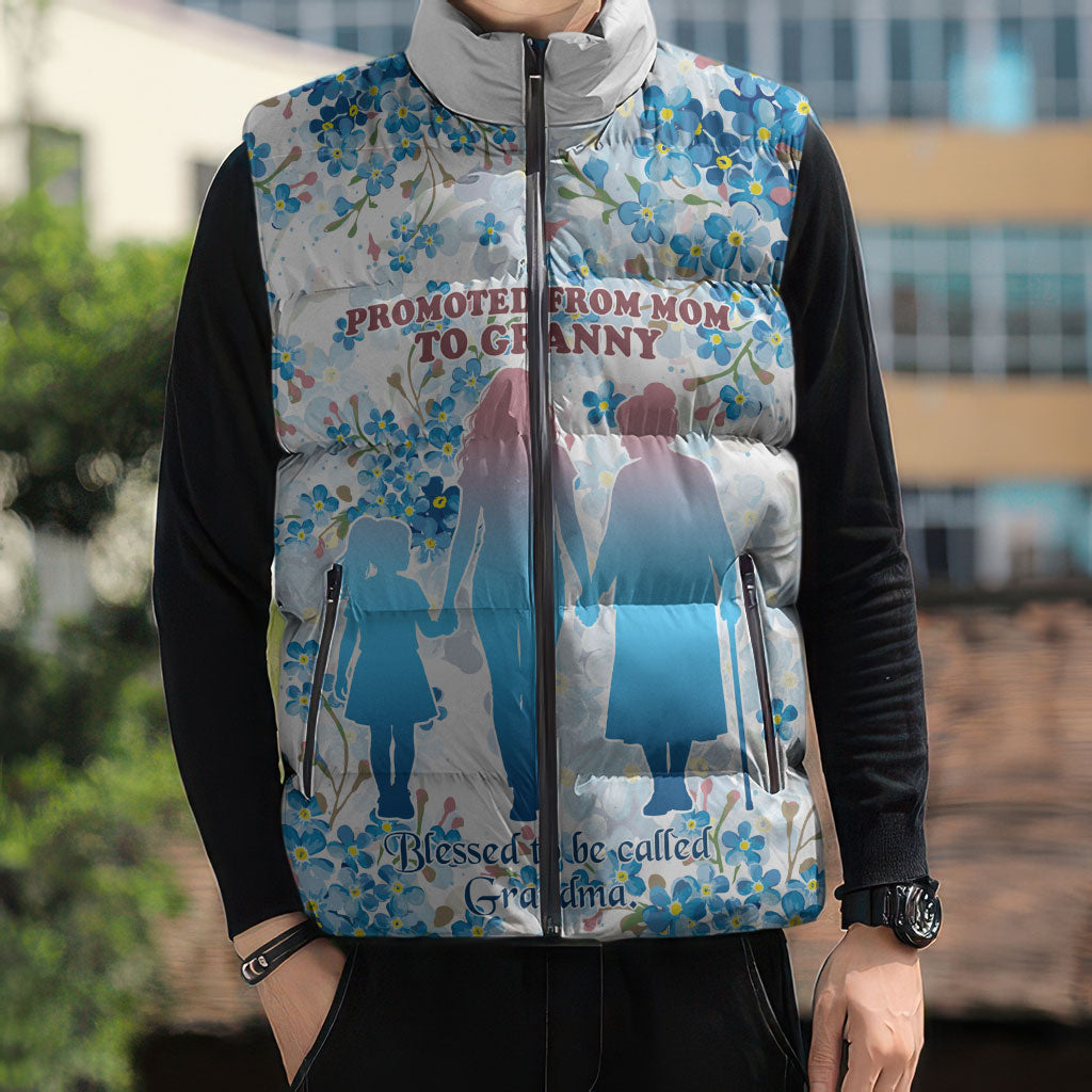 Promoted To Grandparents Sleeveless Puffer Jacket Family Generations Blue Floral Silhouette Art