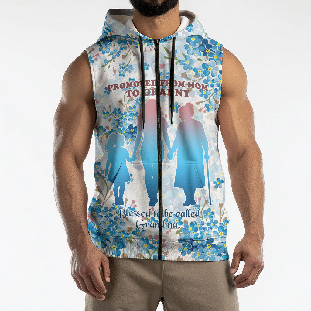 Promoted To Grandparents Sleeveless Zip Hoodie Family Generations Blue Floral Silhouette Art