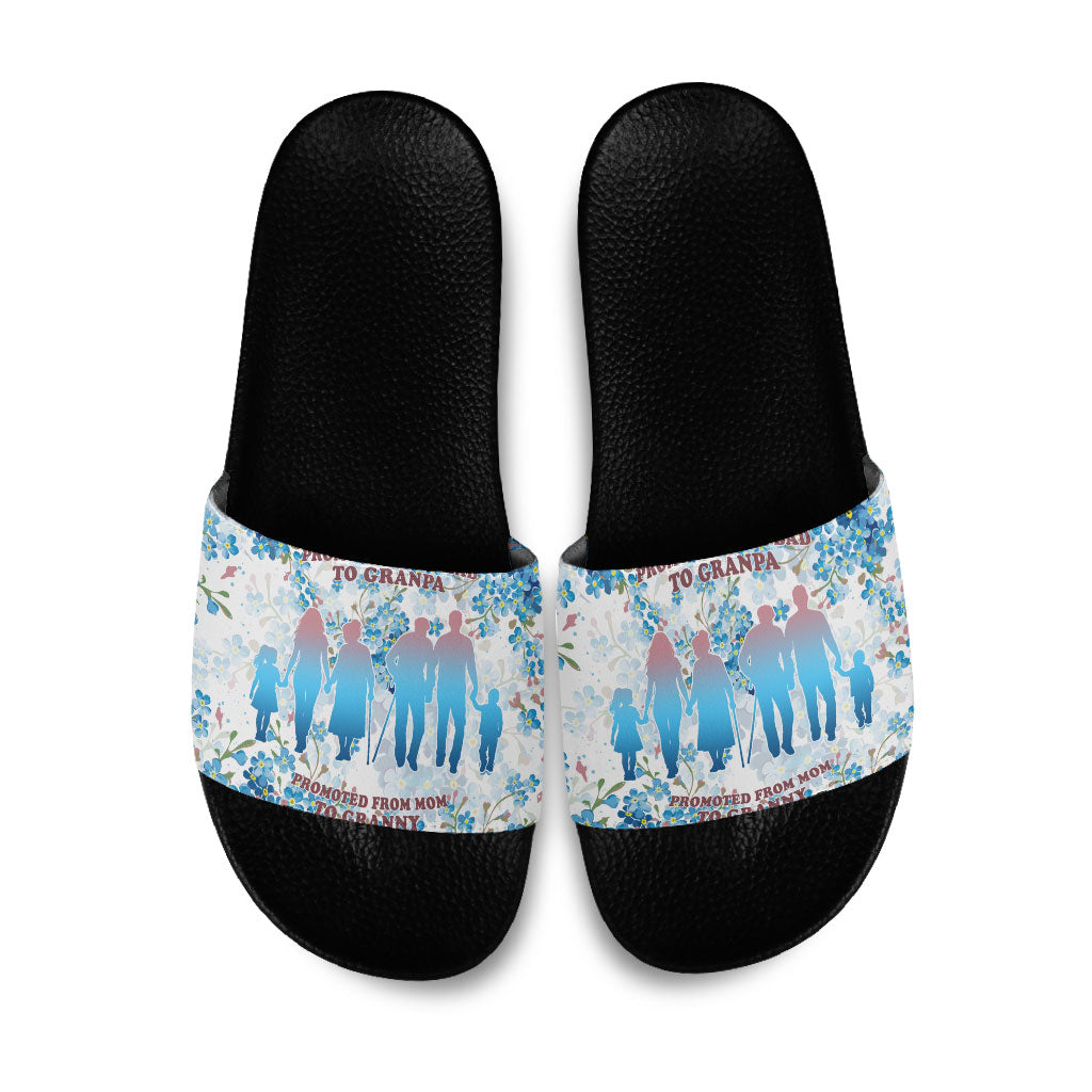 Promoted To Grandparents Slide Sandals Family Generations Blue Floral Silhouette Art