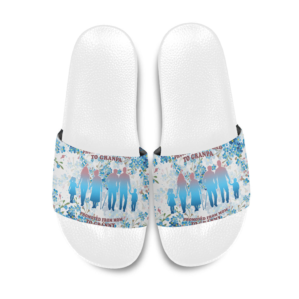 Promoted To Grandparents Slide Sandals Family Generations Blue Floral Silhouette Art