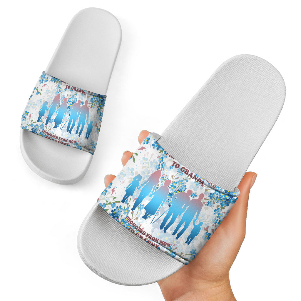 Promoted To Grandparents Slide Sandals Family Generations Blue Floral Silhouette Art