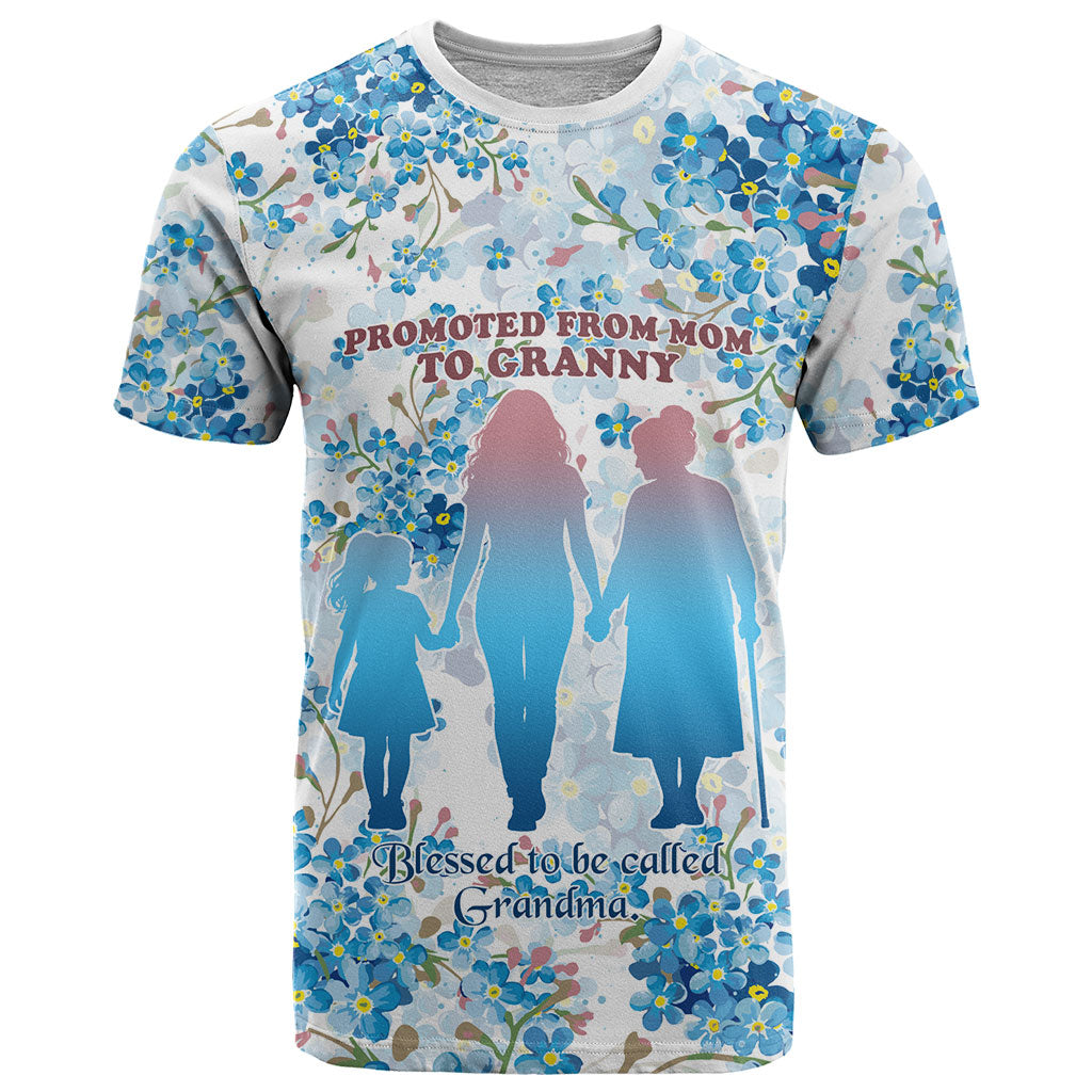 Promoted To Grandparents T Shirt Family Generations Blue Floral Silhouette Art
