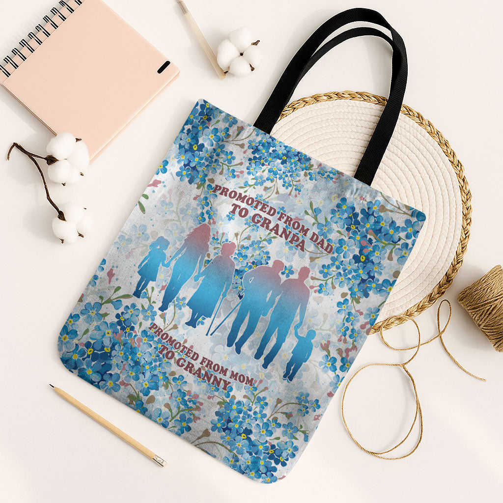 Promoted To Grandparents Tote Bag Family Generations Blue Floral Silhouette Art