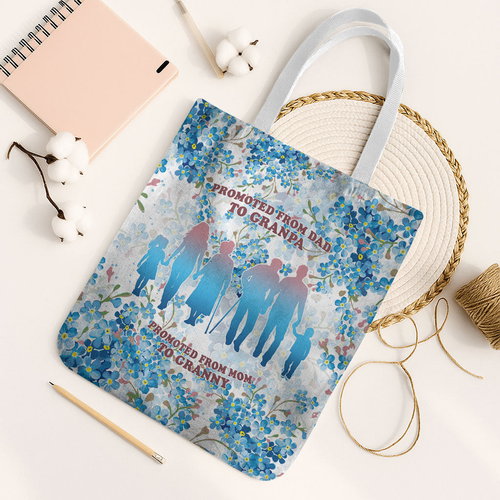 Promoted To Grandparents Tote Bag Family Generations Blue Floral Silhouette Art
