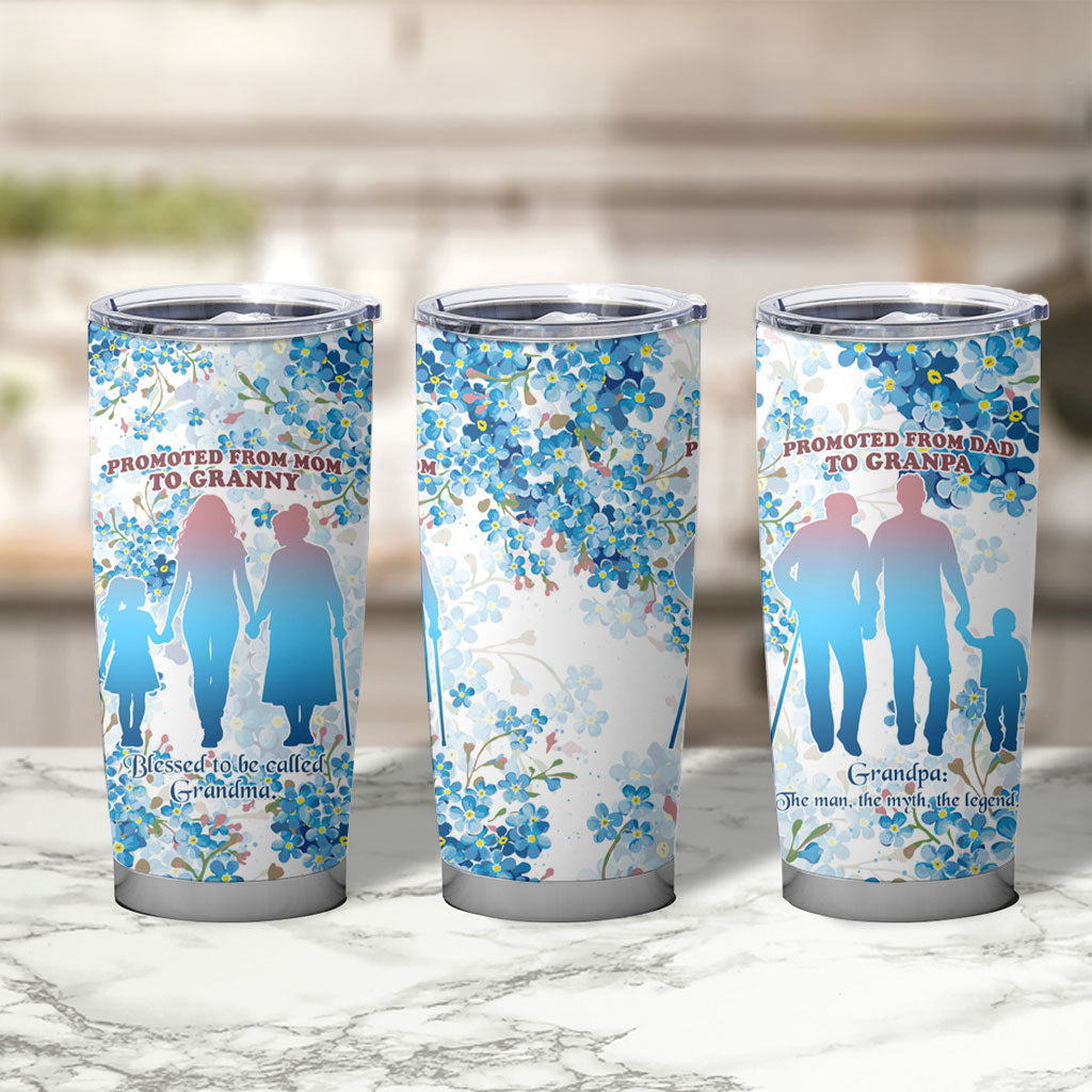 Promoted To Grandparents Tumbler Cup Family Generations Blue Floral Silhouette Art