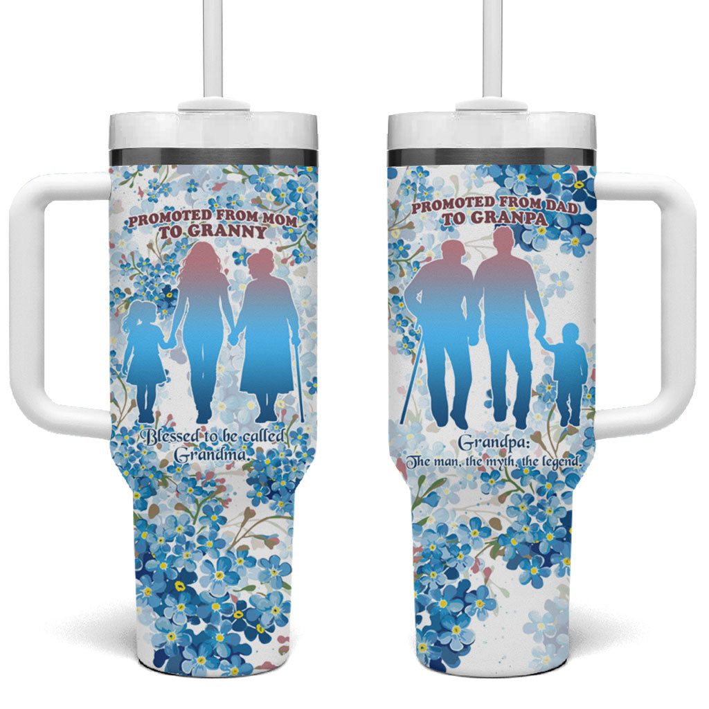 Promoted To Grandparents Tumbler With Handle Family Generations Blue Floral Silhouette Art
