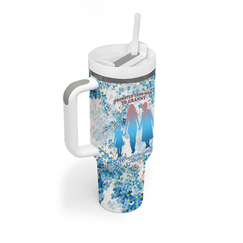 Promoted To Grandparents Tumbler With Handle Family Generations Blue Floral Silhouette Art