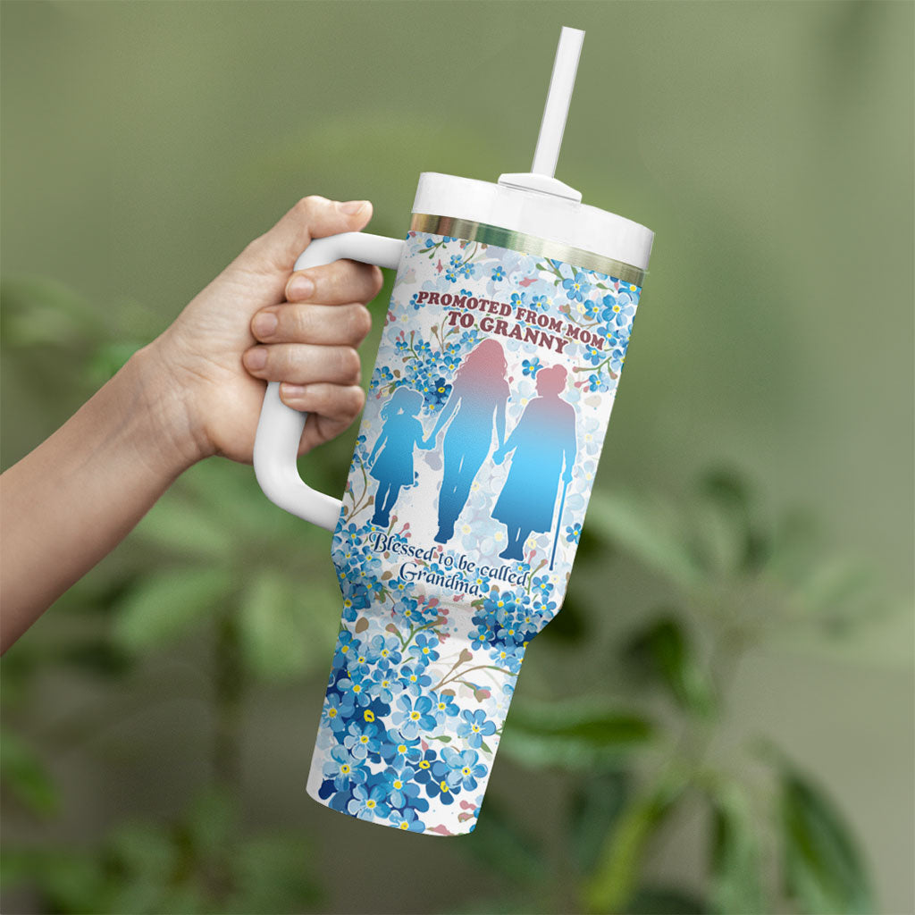 Promoted To Grandparents Tumbler With Handle Family Generations Blue Floral Silhouette Art