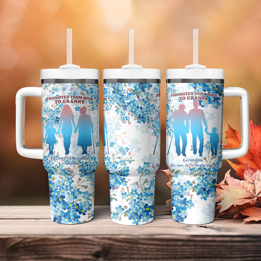 Promoted To Grandparents Tumbler With Handle Family Generations Blue Floral Silhouette Art