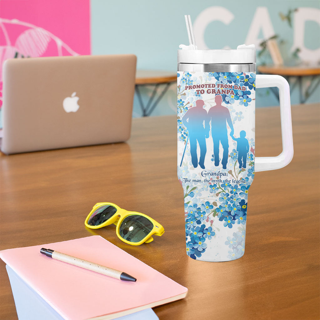 Promoted To Grandparents Tumbler With Handle Family Generations Blue Floral Silhouette Art