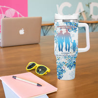 Promoted To Grandparents Tumbler With Handle Family Generations Blue Floral Silhouette Art