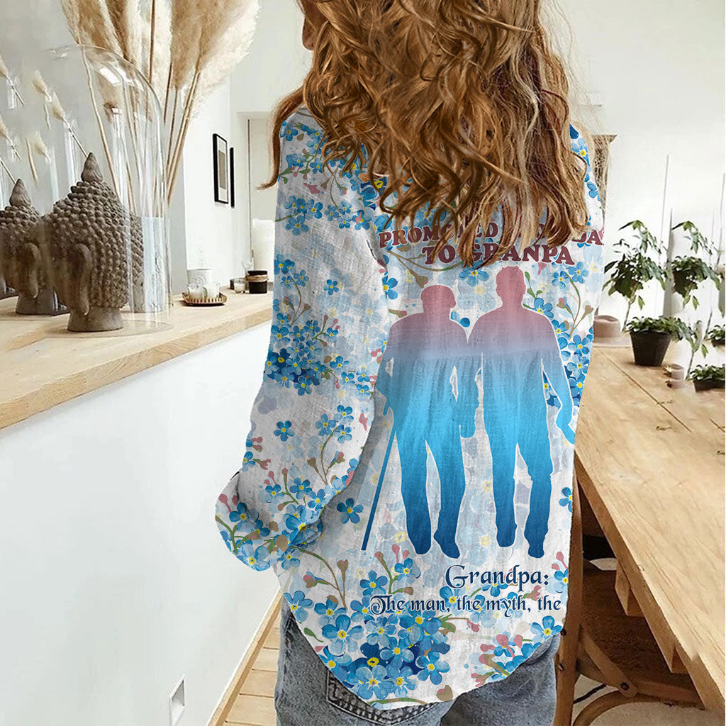 Promoted To Grandparents Women Casual Shirt Family Generations Blue Floral Silhouette Art