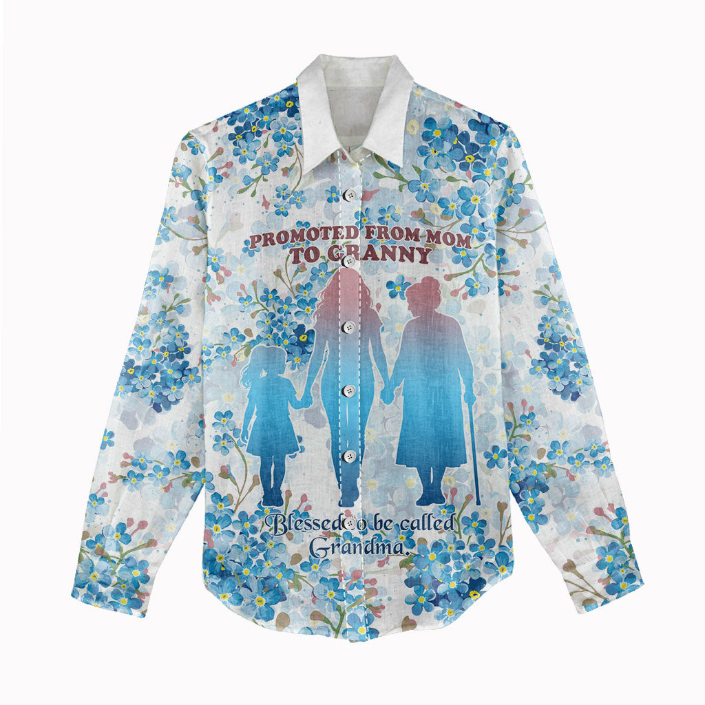 Promoted To Grandparents Women Casual Shirt Family Generations Blue Floral Silhouette Art