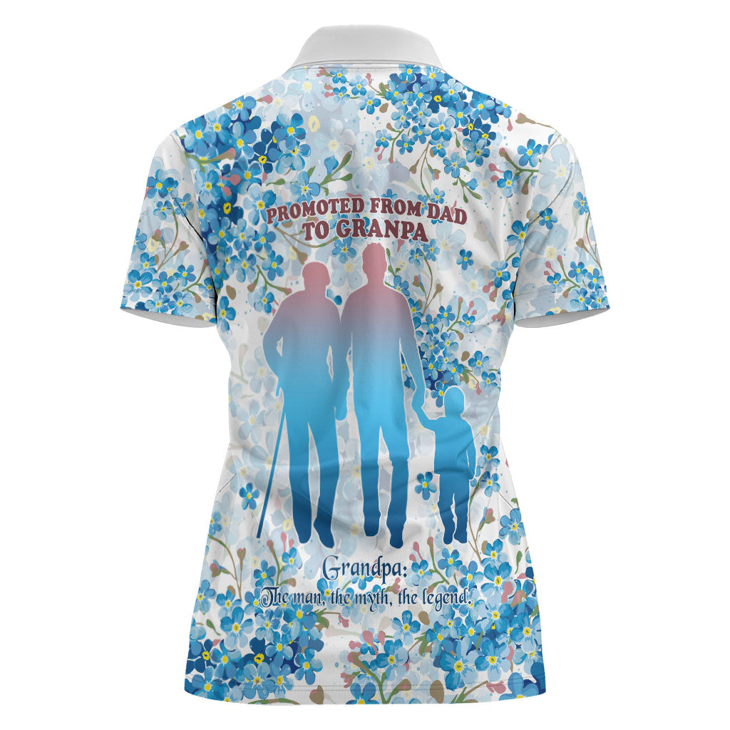 Promoted To Grandparents Women Polo Shirt Family Generations Blue Floral Silhouette Art