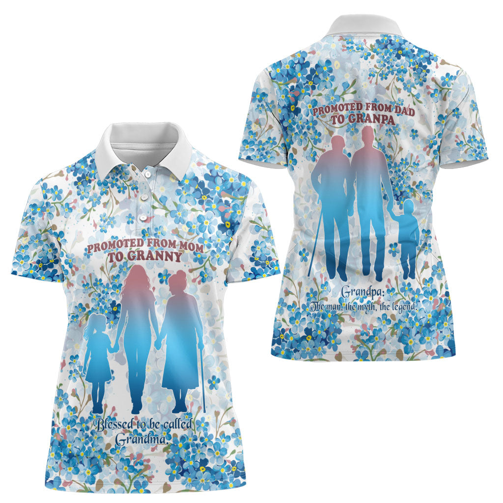 Promoted To Grandparents Women Polo Shirt Family Generations Blue Floral Silhouette Art