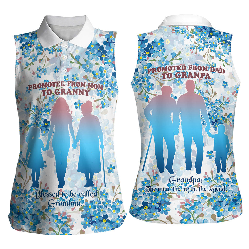 Promoted To Grandparents Women Sleeveless Polo Shirt Family Generations Blue Floral Silhouette Art