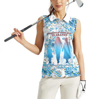 Promoted To Grandparents Women Sleeveless Polo Shirt Family Generations Blue Floral Silhouette Art