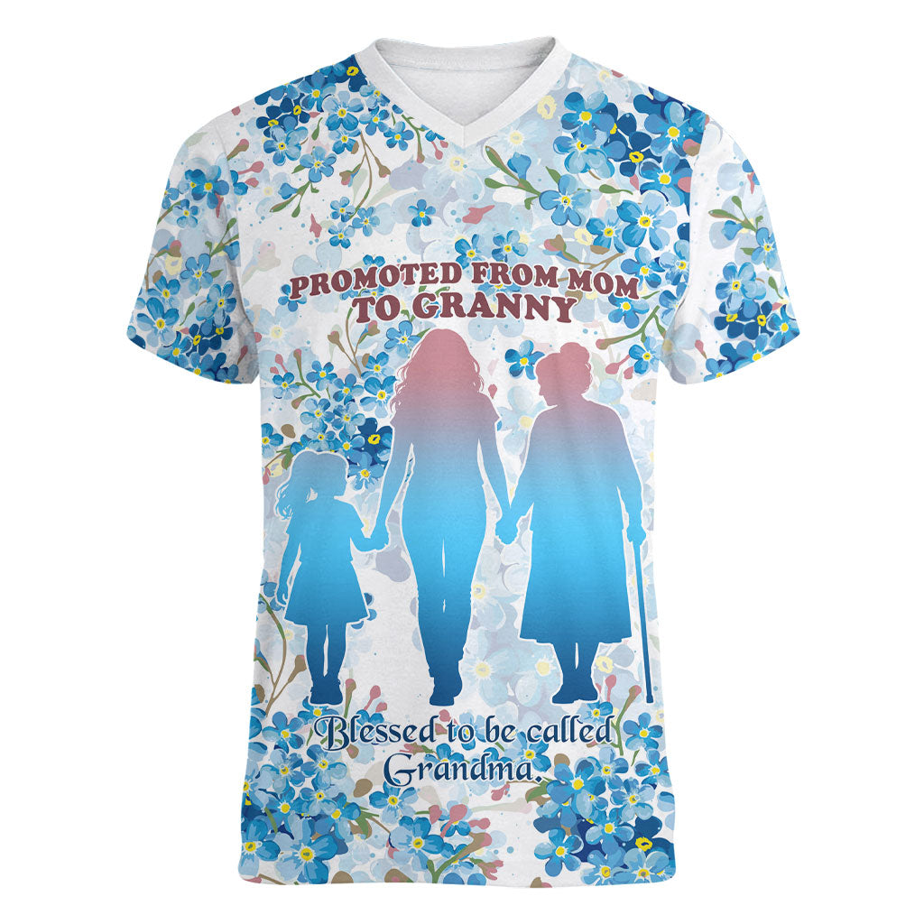 Promoted To Grandparents Women V-Neck T-Shirt Family Generations Blue Floral Silhouette Art