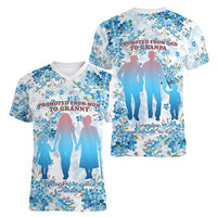 Promoted To Grandparents Women V-Neck T-Shirt Family Generations Blue Floral Silhouette Art
