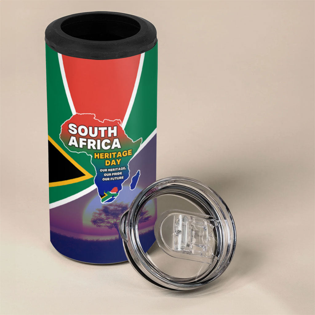 South Africa Heritage Day 4 in 1 Can Cooler Tumbler Celebrating Roots Flag Map Sunset Savanna