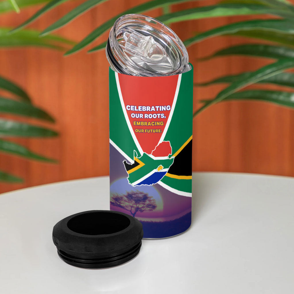 South Africa Heritage Day 4 in 1 Can Cooler Tumbler Celebrating Roots Flag Map Sunset Savanna