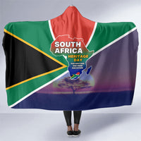 South Africa Heritage Day Hooded Blanket Celebrating Roots Flag Map Sunset Savanna