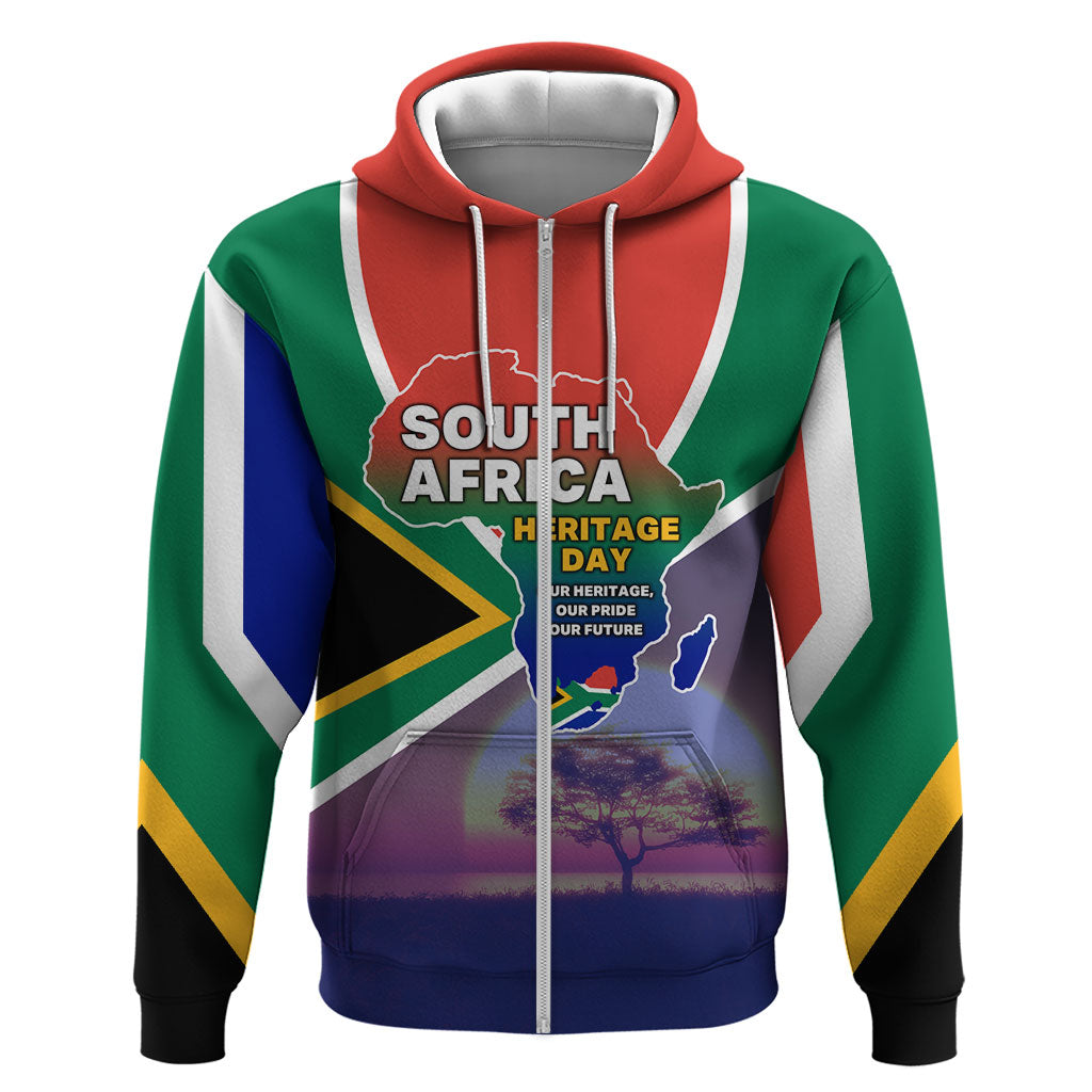 South Africa Heritage Day Hoodie Celebrating Roots Flag Map Sunset Savanna