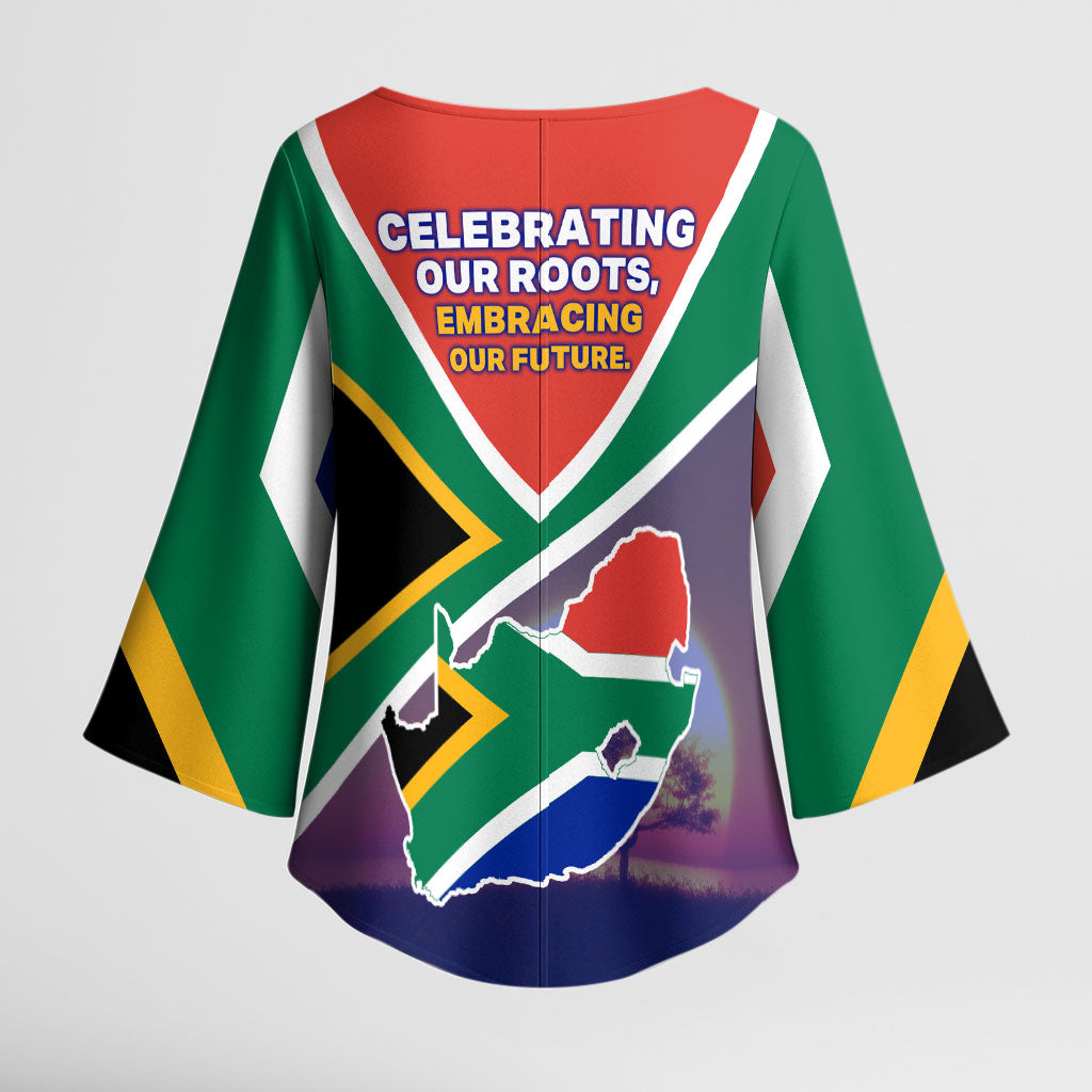 South Africa Heritage Day Kimono Sleeve Blouse Celebrating Roots Flag Map Sunset Savanna