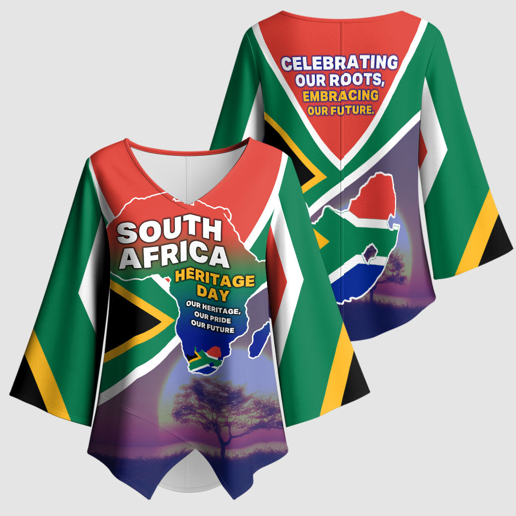 South Africa Heritage Day Kimono Sleeve Blouse Celebrating Roots Flag Map Sunset Savanna