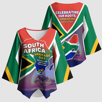 South Africa Heritage Day Kimono Sleeve Blouse Celebrating Roots Flag Map Sunset Savanna