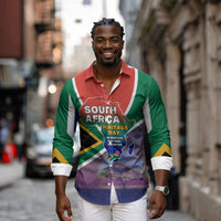 South Africa Heritage Day Long Sleeve Button Shirt Celebrating Roots Flag Map Sunset Savanna