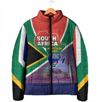 South Africa Heritage Day Padded Jacket Celebrating Roots Flag Map Sunset Savanna