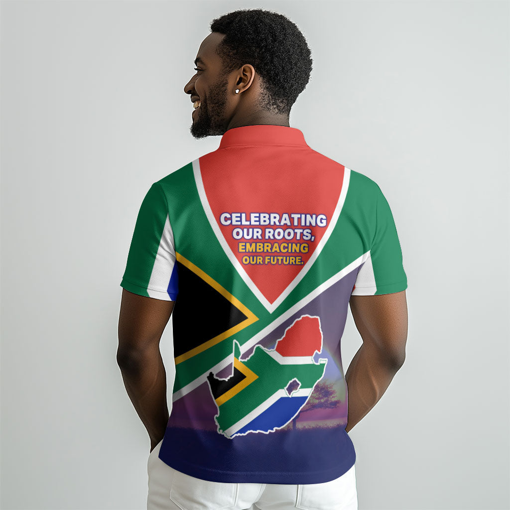 South Africa Heritage Day Polo Shirt Celebrating Roots Flag Map Sunset Savanna