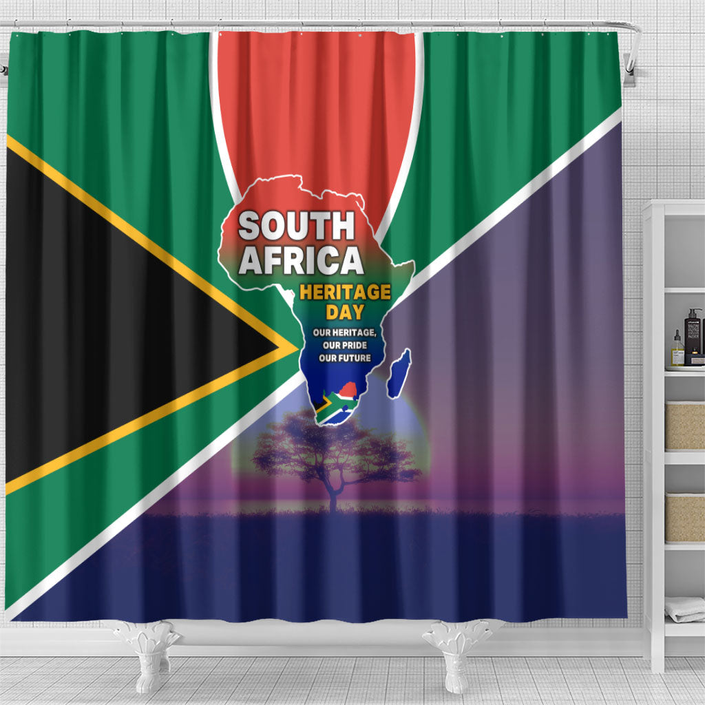 South Africa Heritage Day Shower Curtain Celebrating Roots Flag Map Sunset Savanna