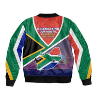 South Africa Heritage Day Sleeve Zip Bomber Jacket Celebrating Roots Flag Map Sunset Savanna
