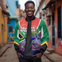 South Africa Heritage Day Sleeve Zip Bomber Jacket Celebrating Roots Flag Map Sunset Savanna