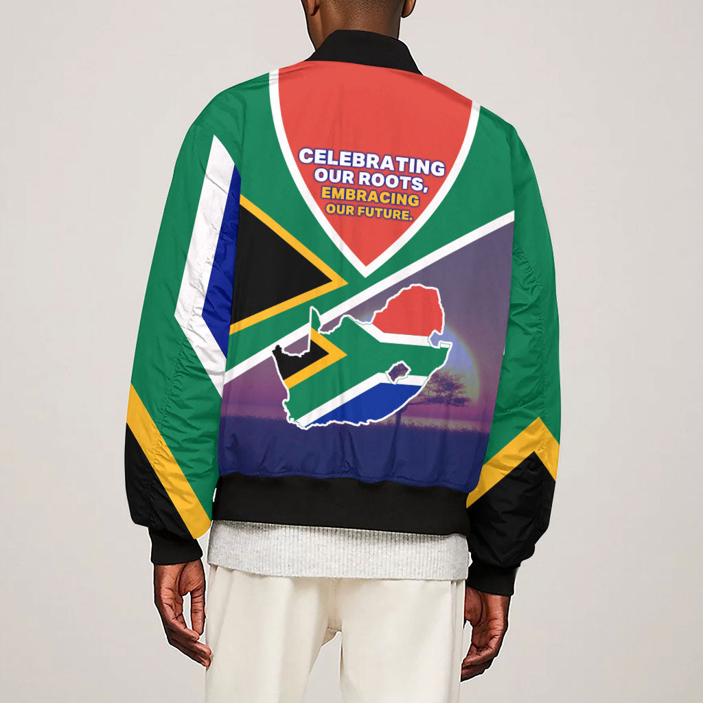South Africa Heritage Day Sleeve Zip Bomber Jacket Celebrating Roots Flag Map Sunset Savanna