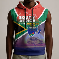 South Africa Heritage Day Sleeveless Hoodie Celebrating Roots Flag Map Sunset Savanna