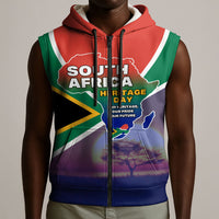 South Africa Heritage Day Sleeveless Zip Hoodie Celebrating Roots Flag Map Sunset Savanna