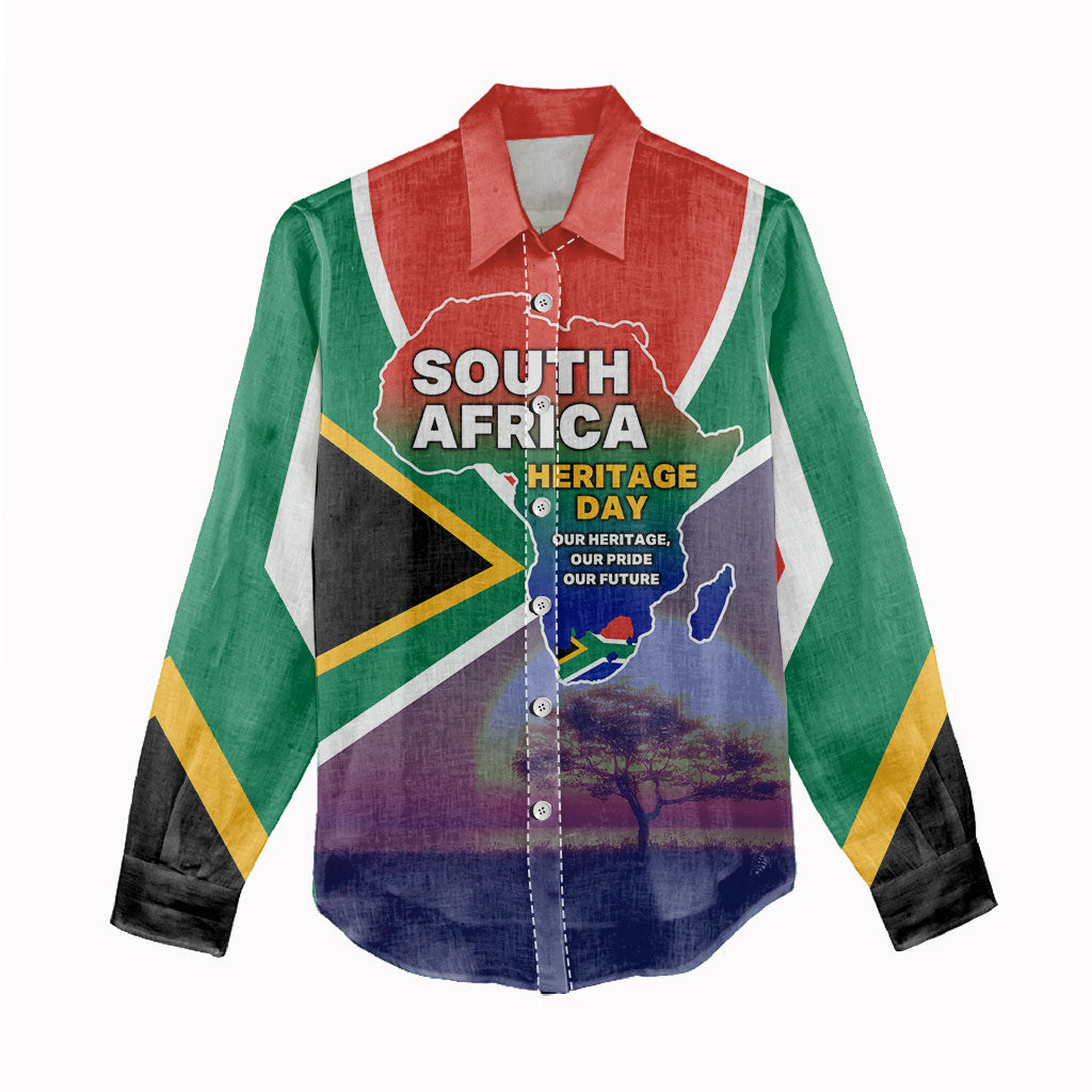 South Africa Heritage Day Women Casual Shirt Celebrating Roots Flag Map Sunset Savanna
