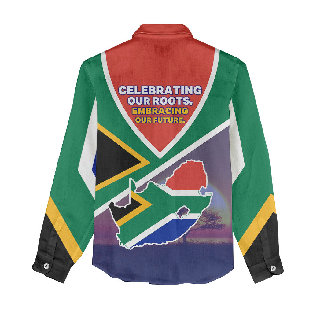 South Africa Heritage Day Women Casual Shirt Celebrating Roots Flag Map Sunset Savanna