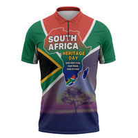 South Africa Heritage Day Zipper Polo Shirt Celebrating Roots Flag Map Sunset Savanna