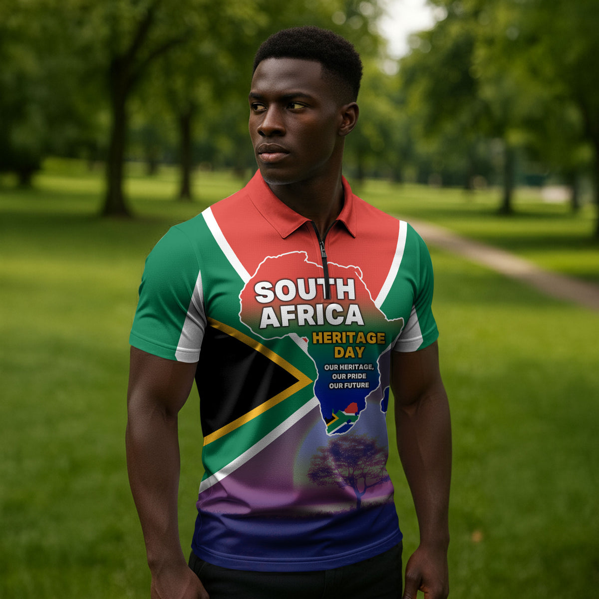 South Africa Heritage Day Zipper Polo Shirt Celebrating Roots Flag Map Sunset Savanna
