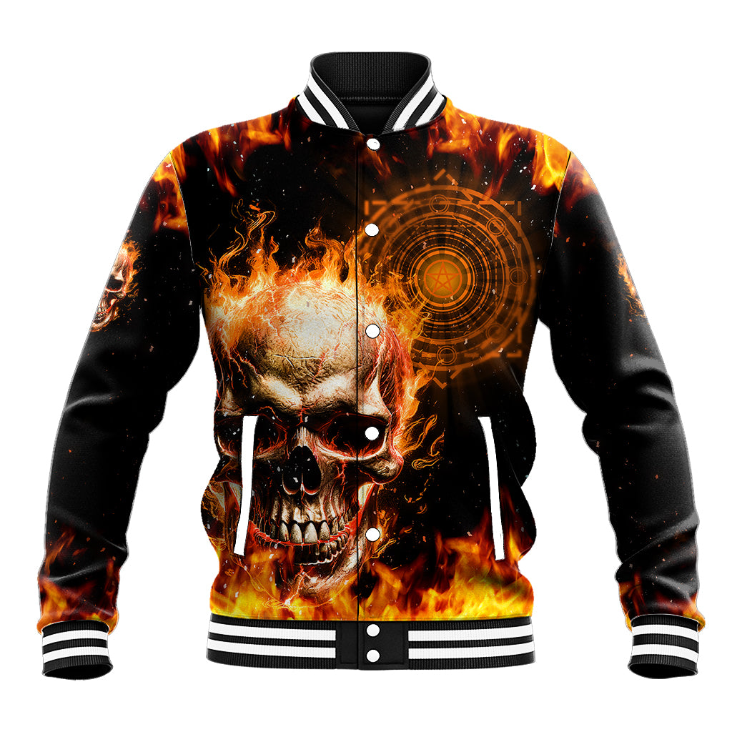 Magic Fire Skull Baseball Jacket I Can't Go To Hell The Devil Still Has A Rest Training Oder Against Me - Wonder Print Shop
