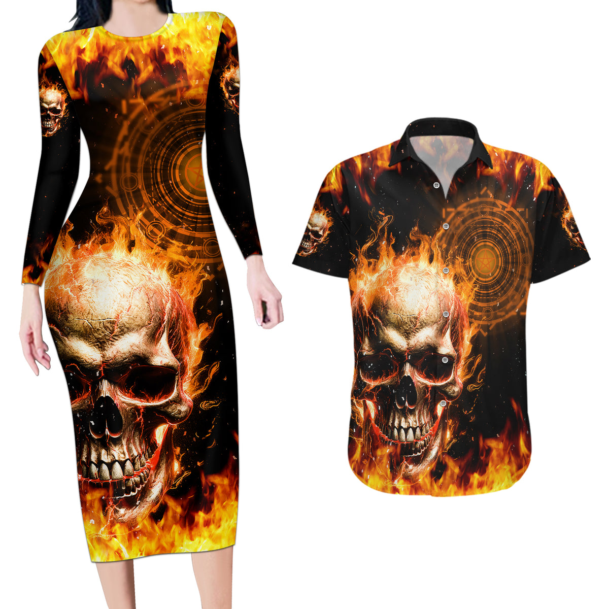 Magic Fire Skull Couples Matching Long Sleeve Bodycon Dress and Hawaiian Shirt I Can't Go To Hell The Devil Still Has A Rest Training Oder Against Me - Wonder Print Shop