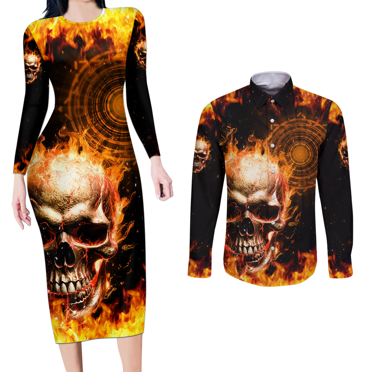 Magic Fire Skull Couples Matching Long Sleeve Bodycon Dress and Long Sleeve Button Shirts I Can't Go To Hell The Devil Still Has A Rest Training Oder Against Me - Wonder Print Shop