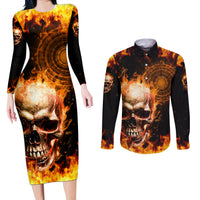 Magic Fire Skull Couples Matching Long Sleeve Bodycon Dress and Long Sleeve Button Shirts I Can't Go To Hell The Devil Still Has A Rest Training Oder Against Me - Wonder Print Shop