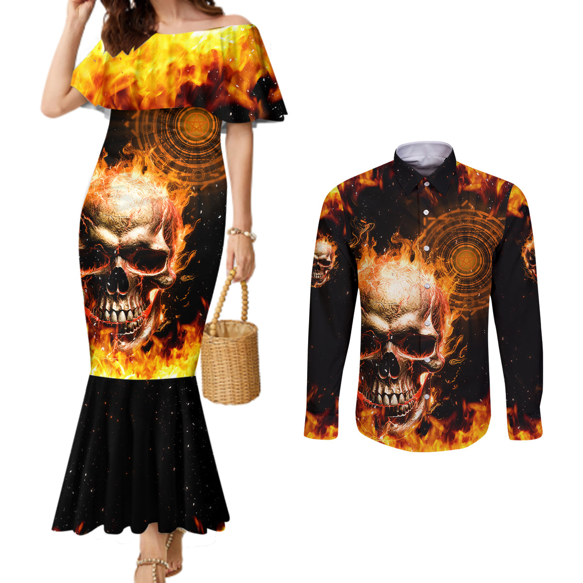 magic-fire-skull-couples-matching-mermaid-dress-and-long-sleeve-button-shirts-i-cant-go-to-hell-the-devil-still-has-a-rest-training-oder-against-me
